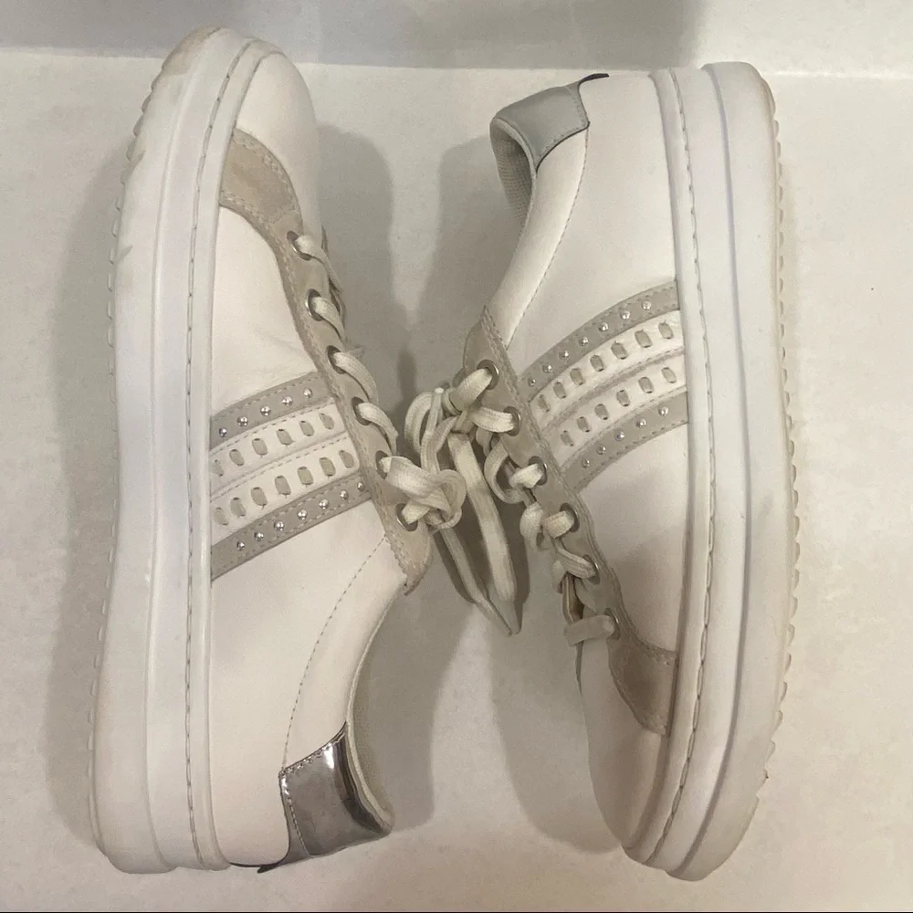 Geox Respira Pontoise White Silver Leather Sneaker Women's 9 Retro Chunky